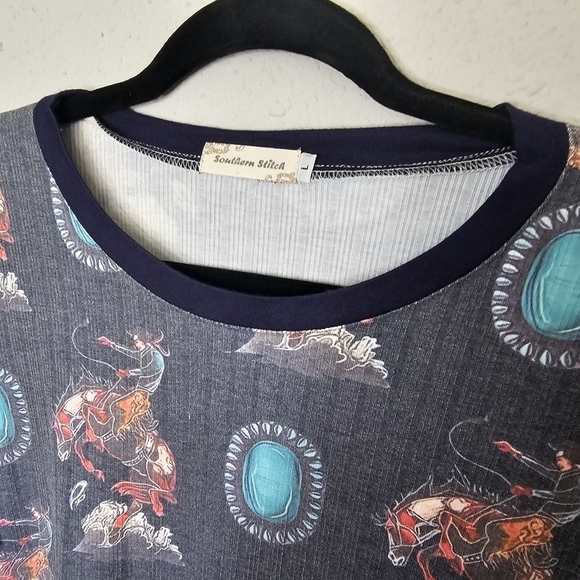 Southern Stitch Bucking Horse Riding Cowboy / Turquoise Jewel Print Size L Large - Picture 7 of 12